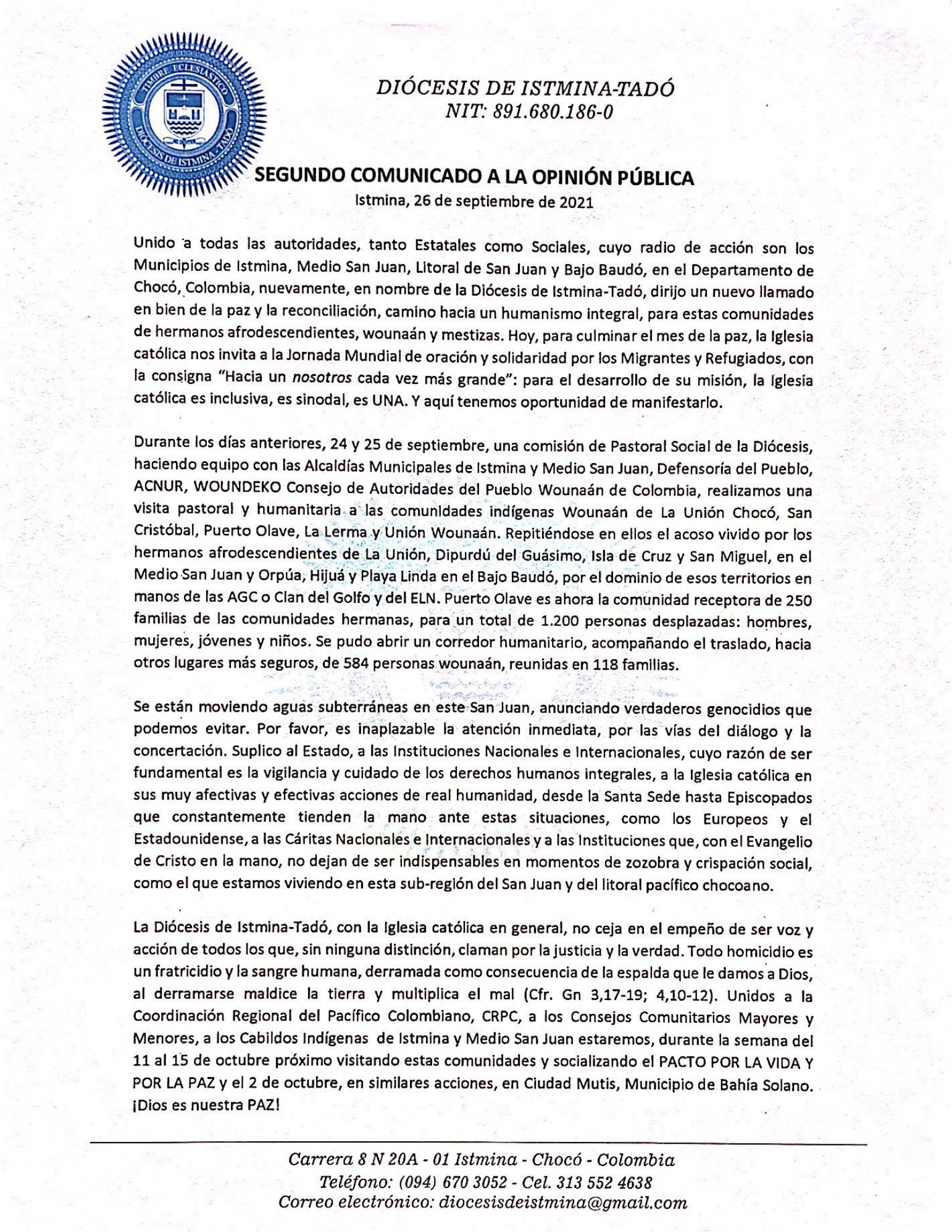 Ante amenazas en San Juan y litoral pacífico chocoano, Iglesia pide atención inmediata por la vía del diálogo