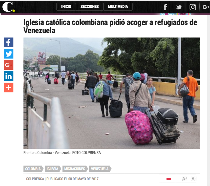 Iglesia católica colombiana pidió acoger a refugiados de Venezuela
