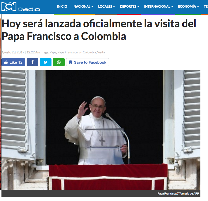 Hoy será lanzada oficialmente la visita del Papa Francisco a Colombia