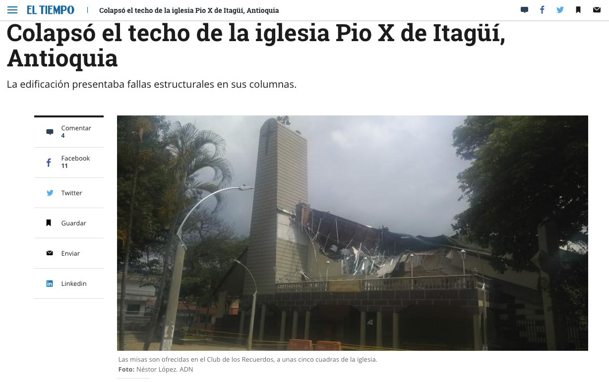 Colapsó el techo de la iglesia Pio X de Itagüí, Antioquia
