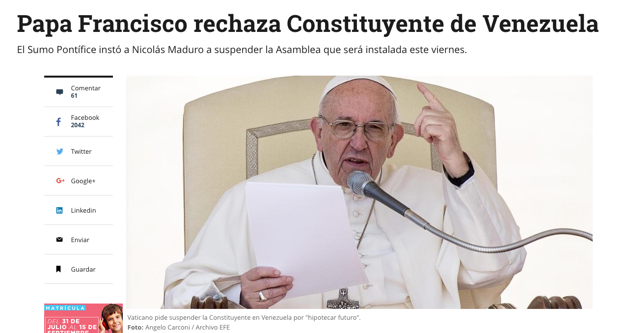 Papa Francisco rechaza Constituyente de Venezuela