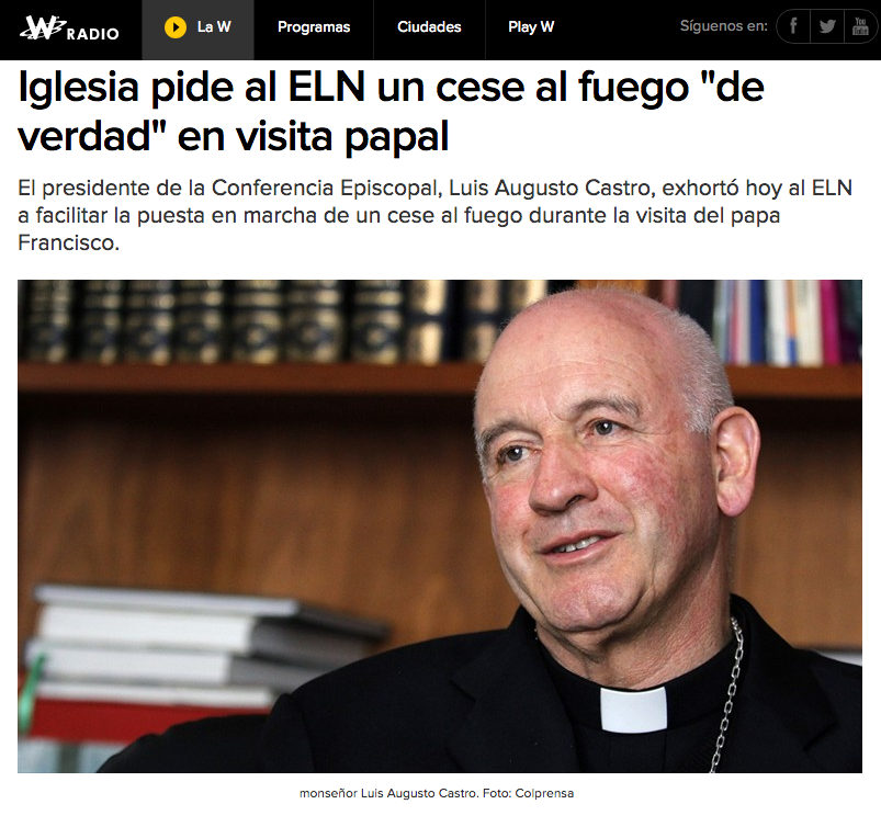 Iglesia pide al ELN un cese al fuego "de verdad" en visita papal