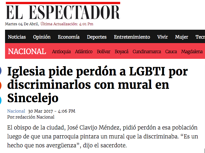 Iglesia pide perdón a LGBTI por discriminarlos con mural en Sincelejo