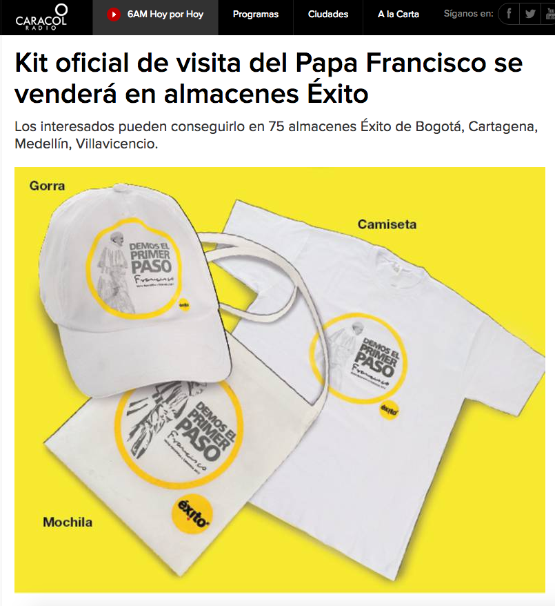 Kit oficial de visita del Papa Francisco se venderá en almacenes Éxito