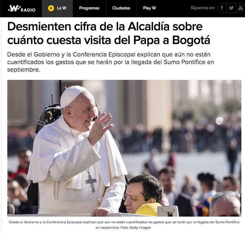 Desmienten cifra de la Alcaldía sobre cuánto cuesta visita del Papa a Bogotá