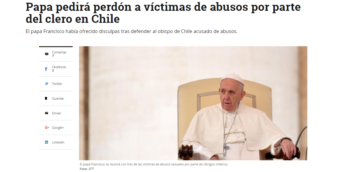 Papa pedirá perdón a víctimas de abusos por parte del clero en Chile