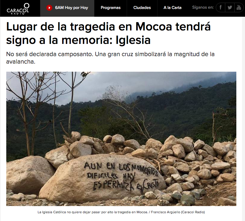 Lugar de la tragedia en Mocoa tendrá signo a la memoria: Iglesia