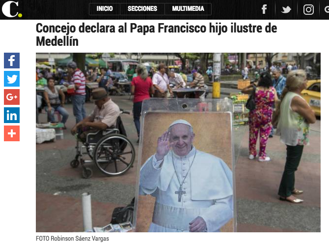 Concejo declara al Papa Francisco hijo ilustre de Medellín