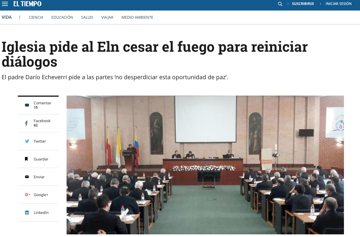 Iglesia pide al Eln cesar el fuego para reiniciar diálogos