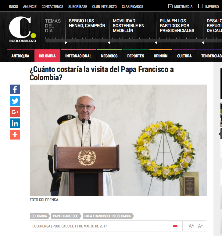 ¿Cuánto costaría la visita del Papa Francisco a Colombia?
