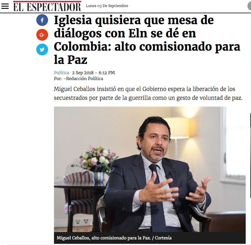 Iglesia quisiera que mesa de diálogos con Eln se dé en Colombia: alto comisionado para la Paz