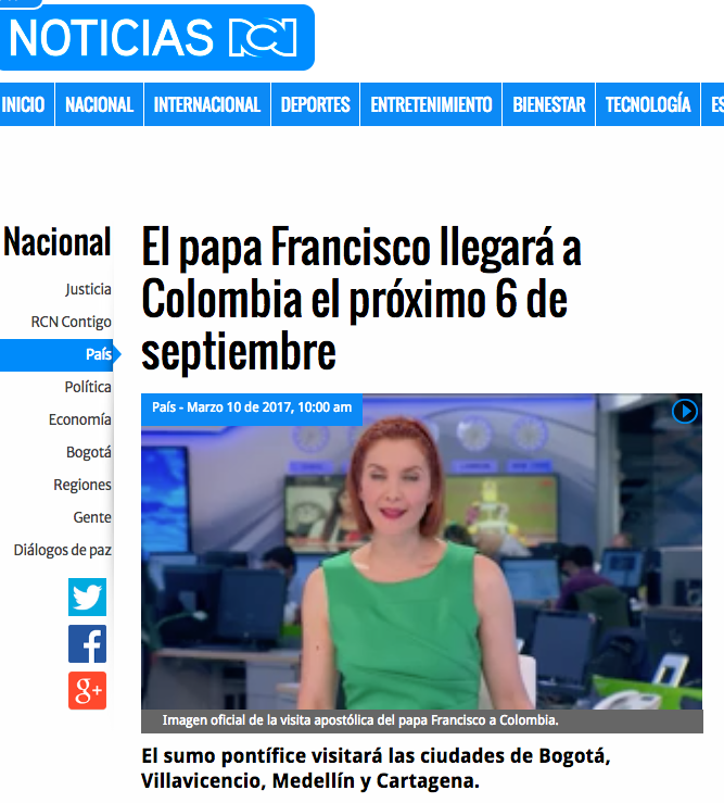 El papa Francisco llegará a Colombia el próximo 6 de septiembre
