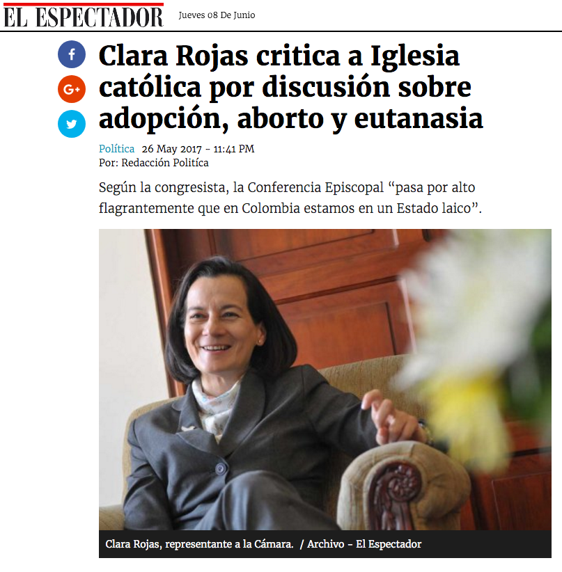 Clara Rojas critica a Iglesia católica por discusión sobre adopción, aborto y eutanasia