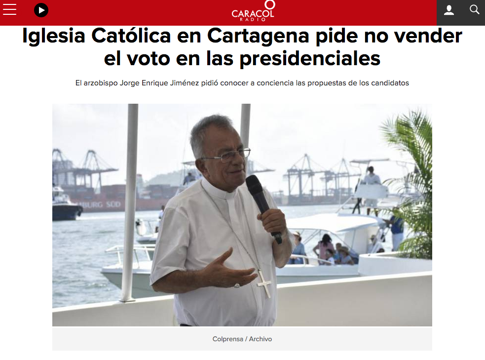 Iglesia Católica en Cartagena pide no vender el voto en las presidenciales