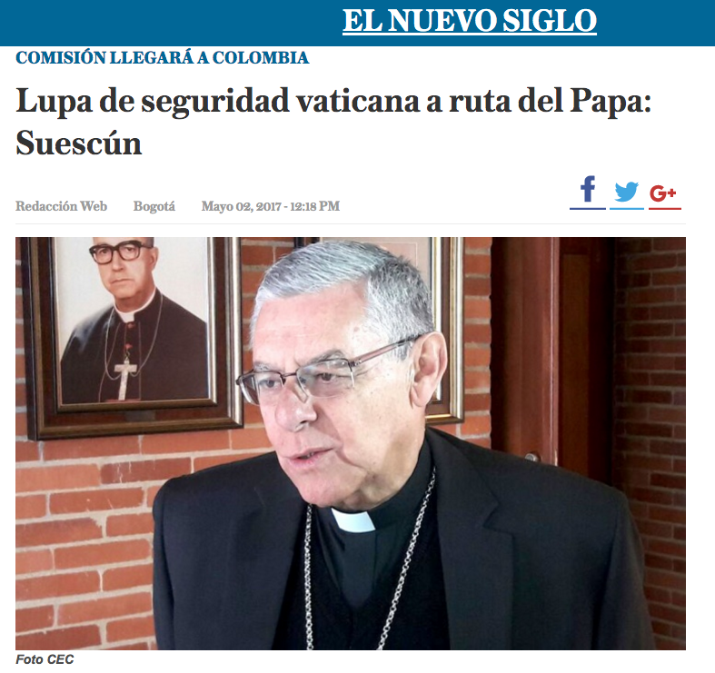 Lupa de seguridad vaticana a ruta del Papa: Suescún