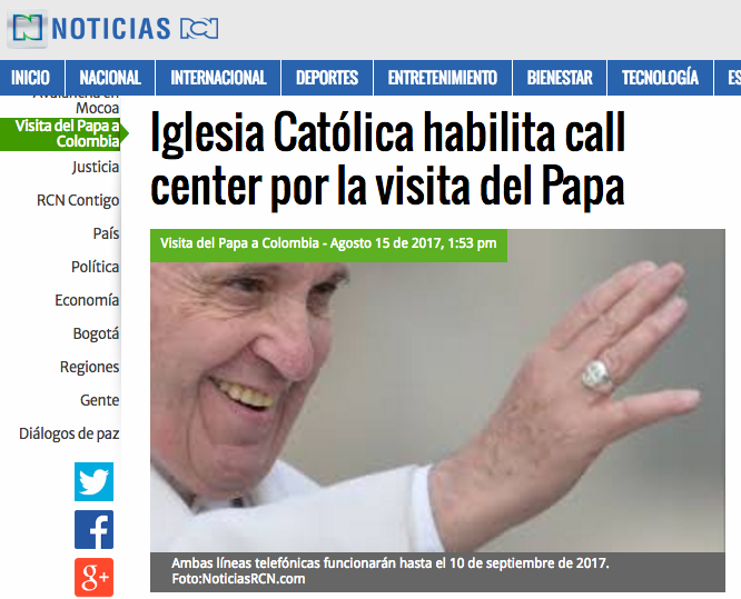 Iglesia Católica habilita call center por la visita del Papa