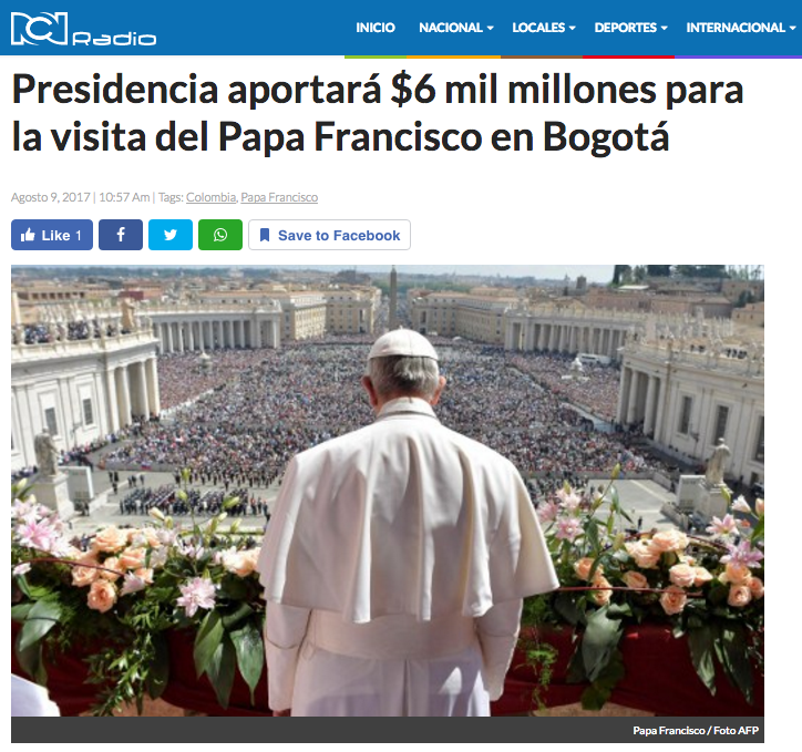 Presidencia aportará $6 mil millones para la visita del Papa Francisco en Bogotá