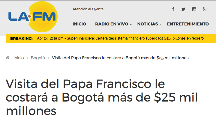 Visita del Papa Francisco le costará a Bogotá más de $25 mil millones