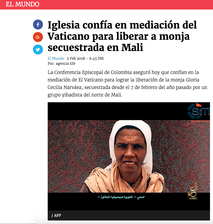 Iglesia confía en mediación del Vaticano para liberar a monja secuestrada en Mali