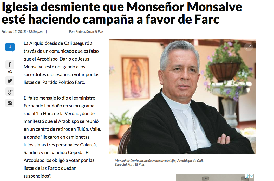 Iglesia desmiente que Monseñor Monsalve esté haciendo campaña a favor de Farc
