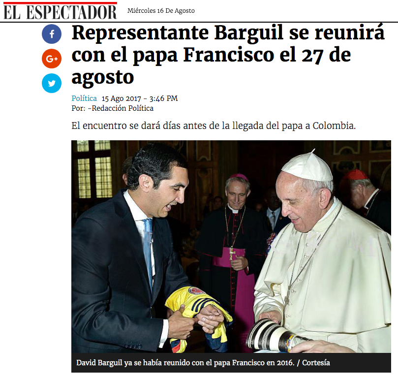 Representante Barguil se reunirá con el papa Francisco el 27 de agosto
