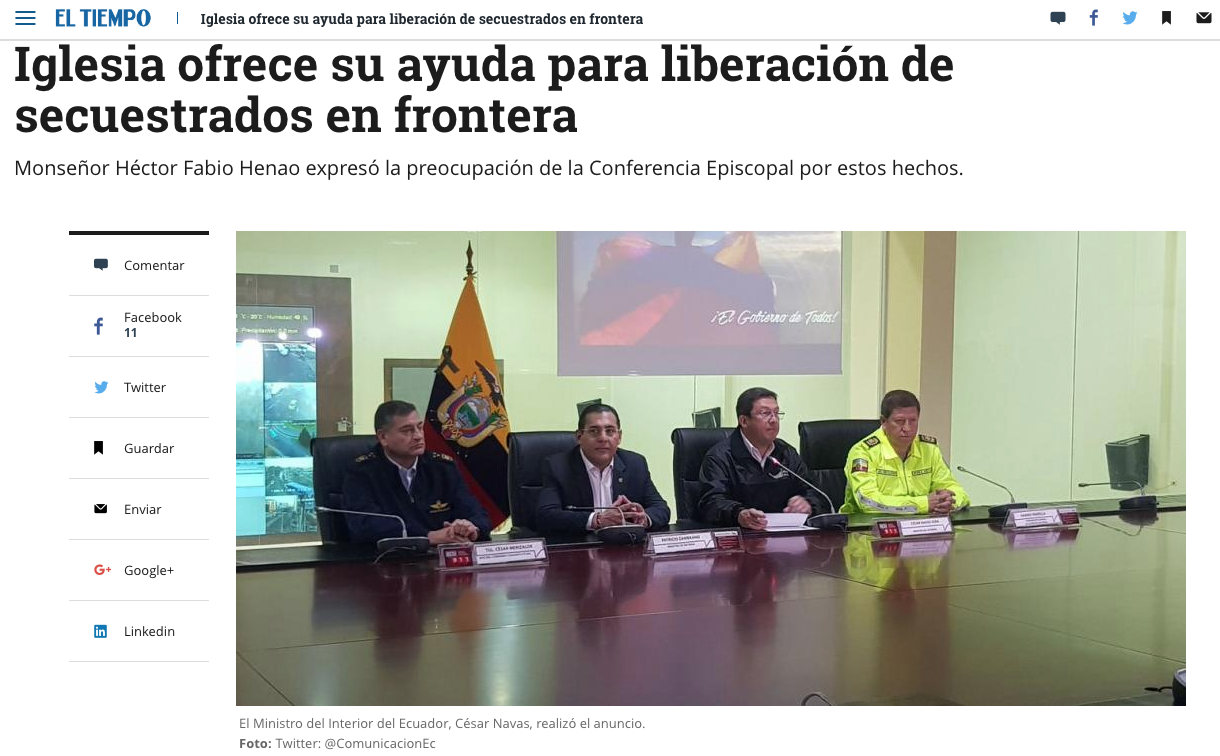 Iglesia ofrece su ayuda para liberación de secuestrados en frontera