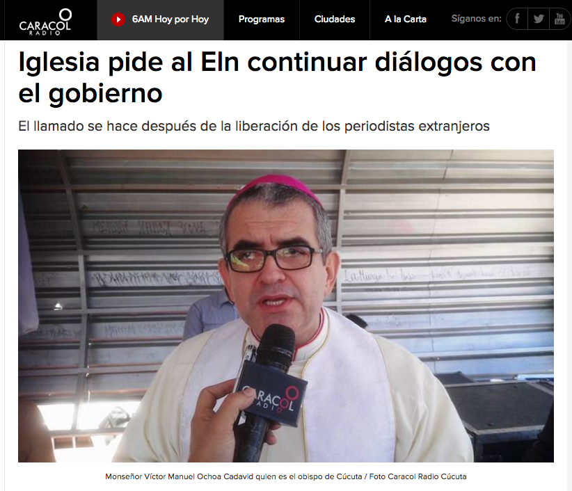 Iglesia pide al Eln continuar diálogos con el gobierno