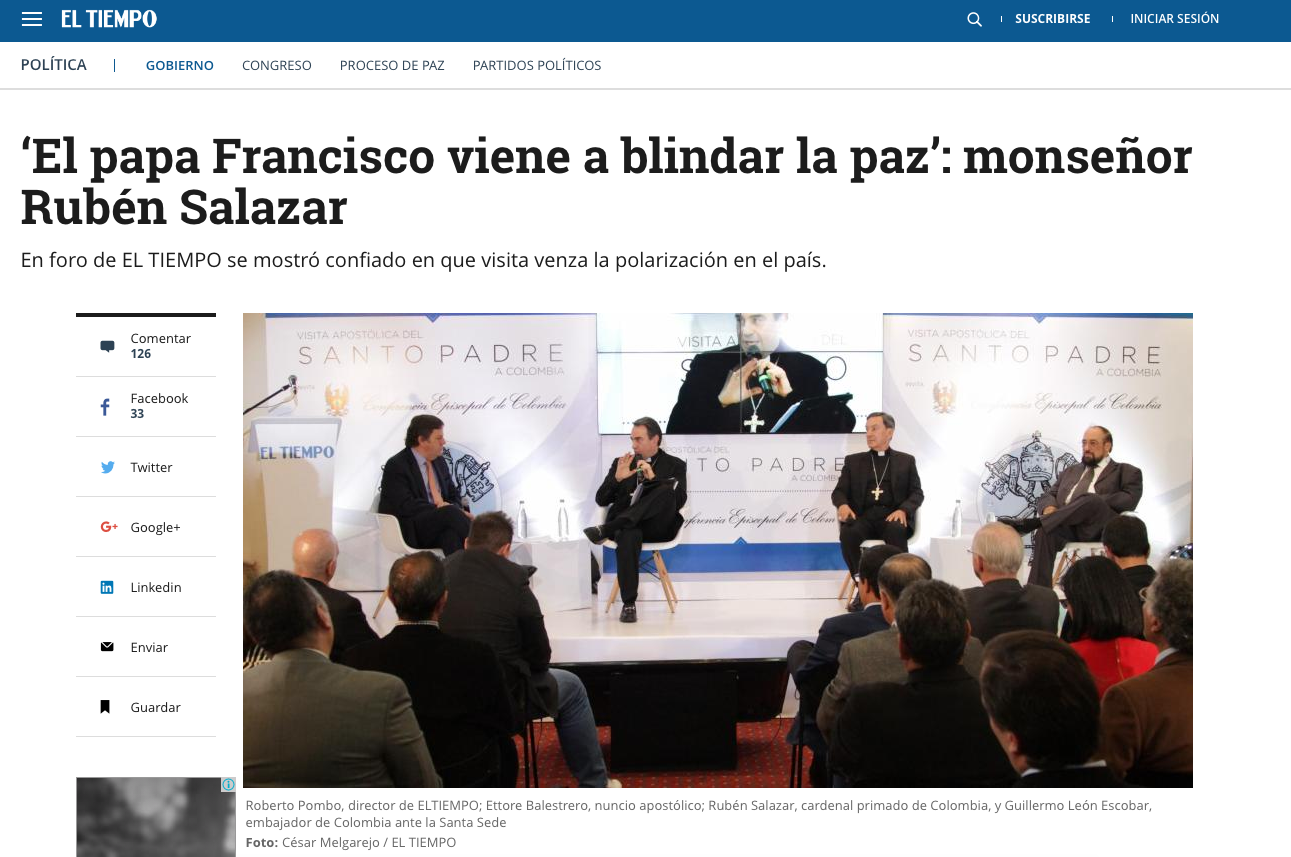 ‘El papa Francisco viene a blindar la paz’: monseñor Rubén Salazar