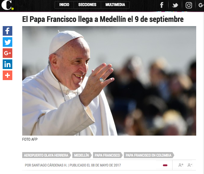 El Papa Francisco llega a Medellín el 9 de septiembre